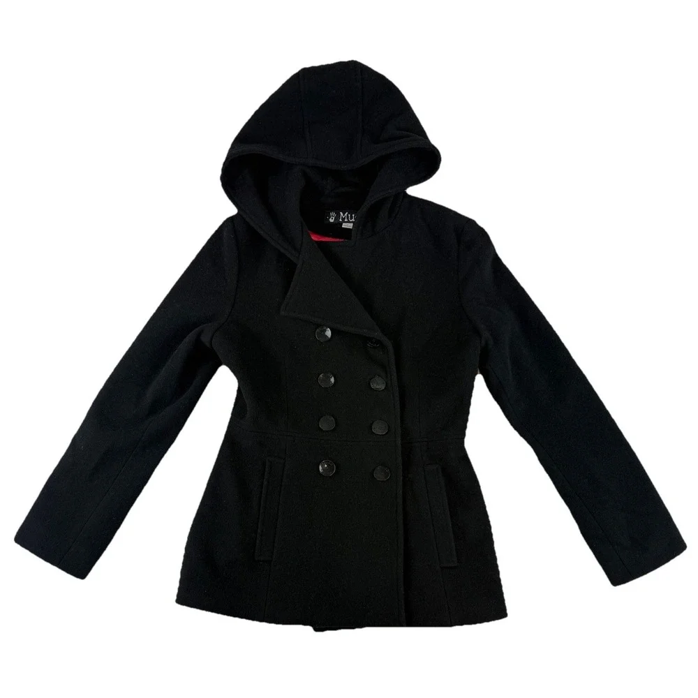 Vtg Y2K‎ Mudd Hooded Wool Blend Double Breasted Peacoat Juniors JRS Medium Black